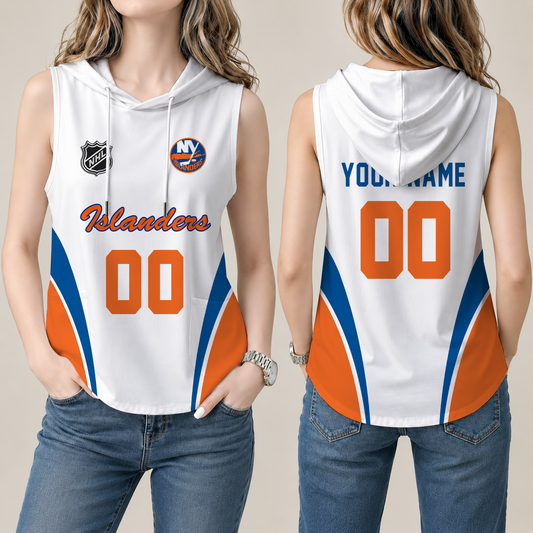 [SUPER SALE] NEW CUSTOMIZED NHL25 NYI NEW YORK ISLANDERS WOMEN'S SLEEVELESS HOODED POCKET TANK TOP