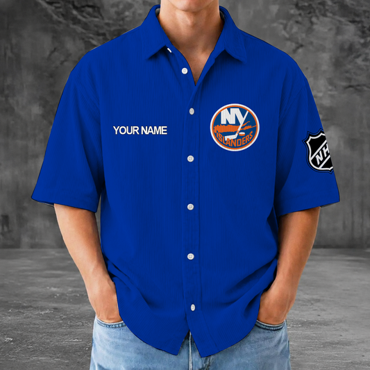 [SUPER SALE] NEW CUSTOMIZED NHL25 NYI NEW YORK ISLANDERS SEERSUCKER BUTTON SHIRT