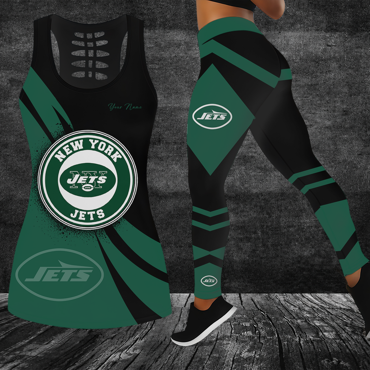 [SPECIAL OFFER] NEW CUSTOMIZED NFL25 NYJ NEW YORK JETS HOLLOW TANK TOP & LEGGINGS SET