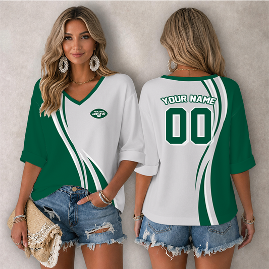[SPECIAL OFFER] NEW CUSTOMIZED NFL25 NYJ NEW YORK JETS WOMEN'S HEART V-NECK LONG SLEEVE SHIRT