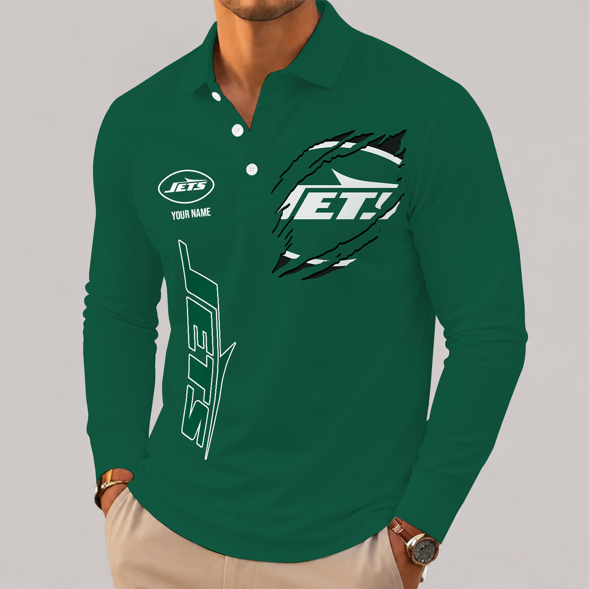 [SPECIAL OFFER] NEW CUSTOMIZED NFL25 NYJ NEW YORK JETS LONG SLEEVE POLO SHIRT