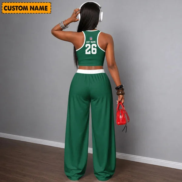 [SPECIAL OFFER] NEW CUSTOMIZED NFL25 NYJ NEW YORK JETS WOMEN'S CROP TOP & LONGPANTS SET