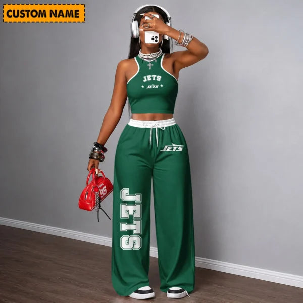 [SPECIAL OFFER] NEW CUSTOMIZED NFL25 NYJ NEW YORK JETS WOMEN'S CROP TOP & LONGPANTS SET