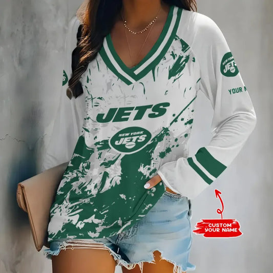 [HOT DEAL] NEW CUSTOMIZED NFL25 NYJ NEW YORK JETS WOMEN'S V-NECK LONG SLEEVED SHIRT