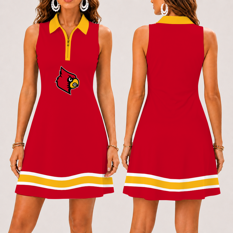 [FAN FAVORITE] NEW CUSTOMIZED NCAA MAM25 ULC LOUISVILLE CARDINALS STRAPPY WOMEN'S ZIP SLEEVELESS POLO DRESS