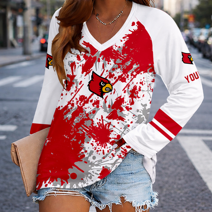 [FAN FAVORITE] NEW CUSTOMIZED NCAA MAM25 ULC LOUISVILLE CARDINALS WOMEN'S V-NECK LONG SLEEVED SHIRT