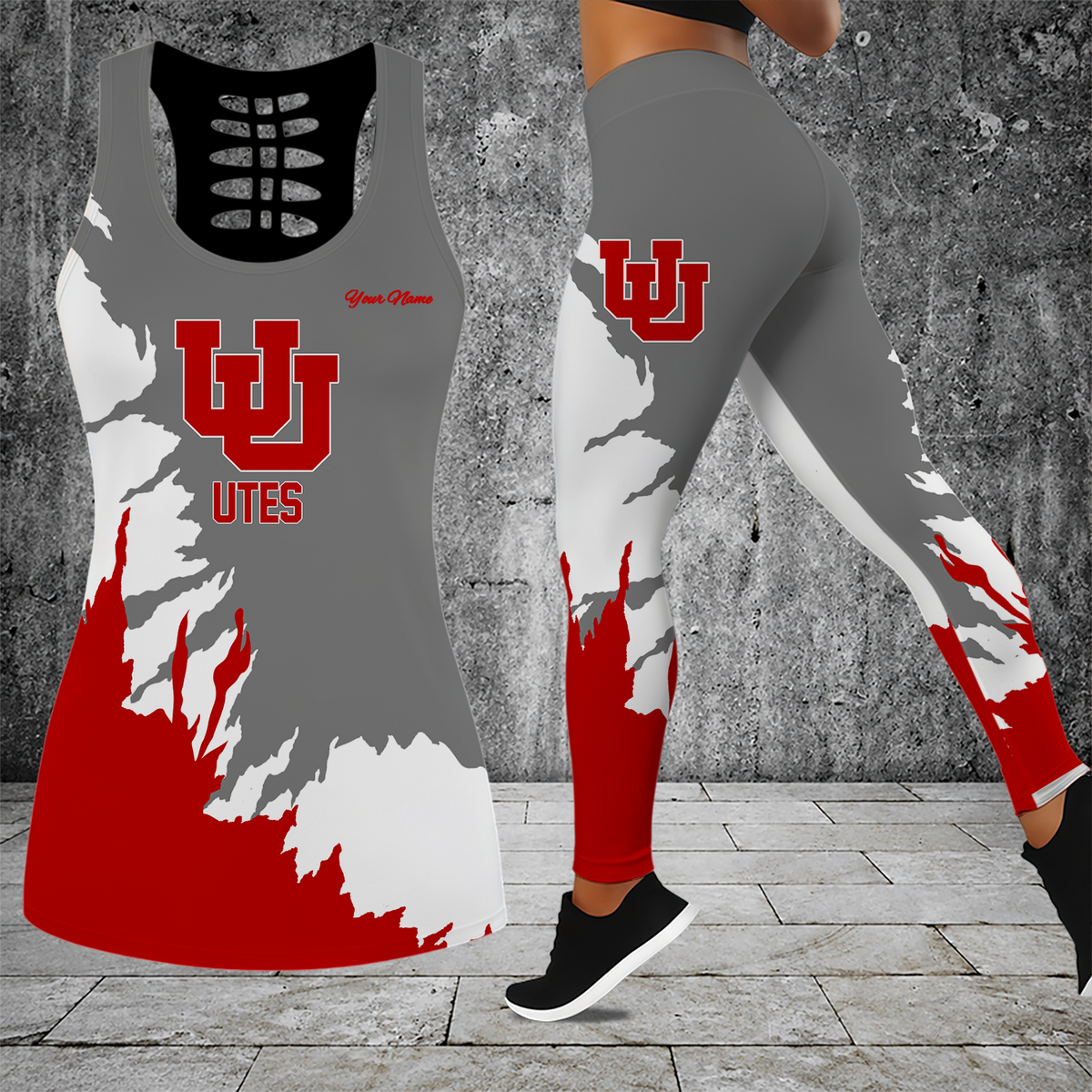 [FAN FAVORITE] NEW CUSTOMIZED NCAA FBS25 UTU UTAH UTES HOLLOW TANK TOP & LEGGINGS SET