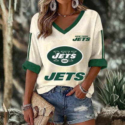 [SPECIAL OFFER] NEW CUSTOMIZED NFL25 NYJ NEW YORK JETS WOMEN'S HEART V-NECK LONG SLEEVE SHIRT