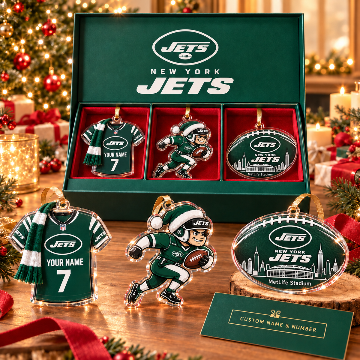 [FULL SET 3 ITEMS - NO BOX] NEW CUSTOMIZED NFL25 NYJ NEW YORK JETS CHRISTMAS ACRYLIC ORNAMENT