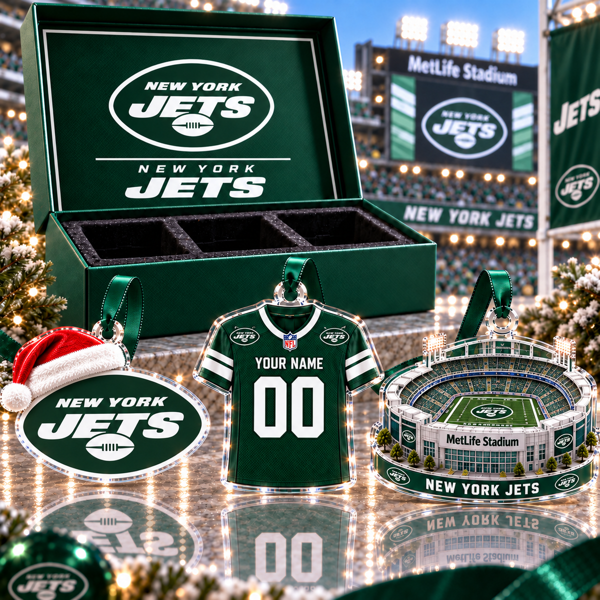 [FULL SET 3 ITEMS - NO BOX] NEW CUSTOMIZED NFL25 NYJ NEW YORK JETS CHRISTMAS ACRYLIC ORNAMENT