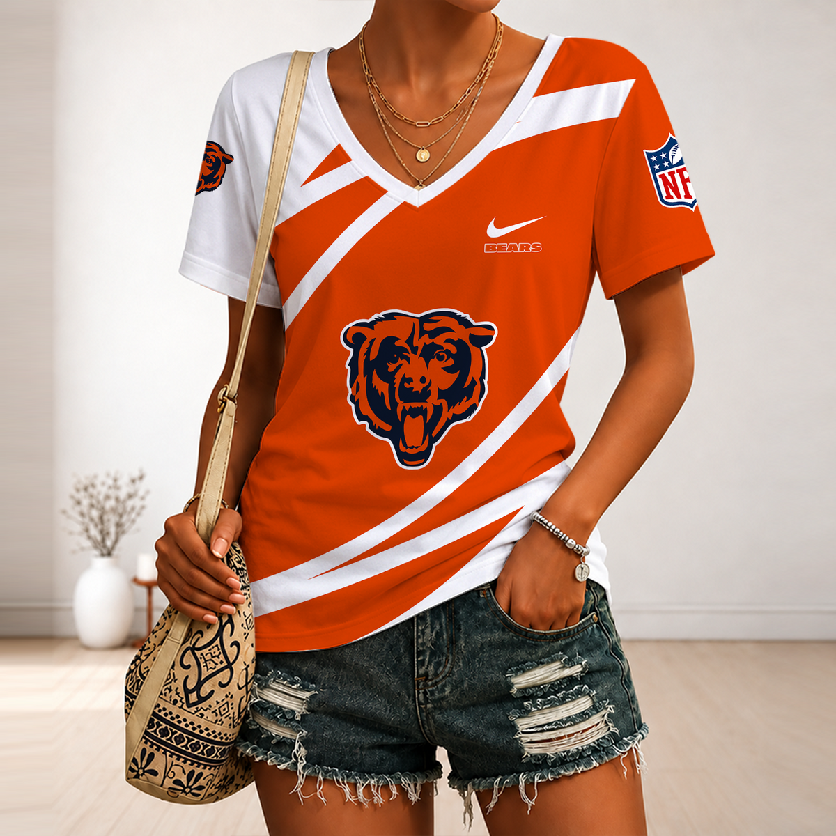 [SPECIAL OFFER] NEW CUSTOMIZED NFL26 CCB CHICAGO BEARS V-NECK FEMALE SHIRT