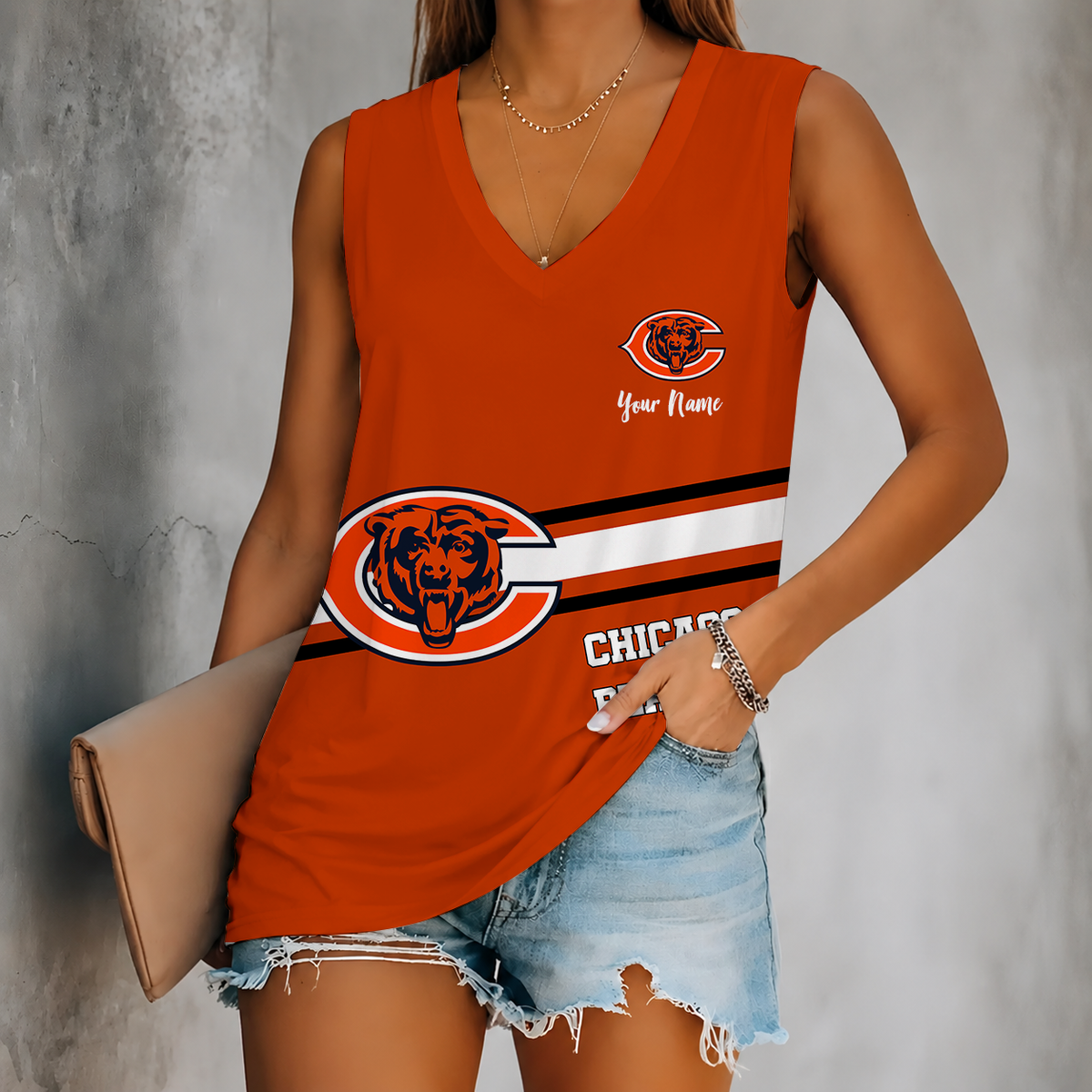 [SPECIAL OFFER] NEW CUSTOMIZED NFL26 CCB CHICAGO BEARS WOMEN'S V-NECK TANK TOP