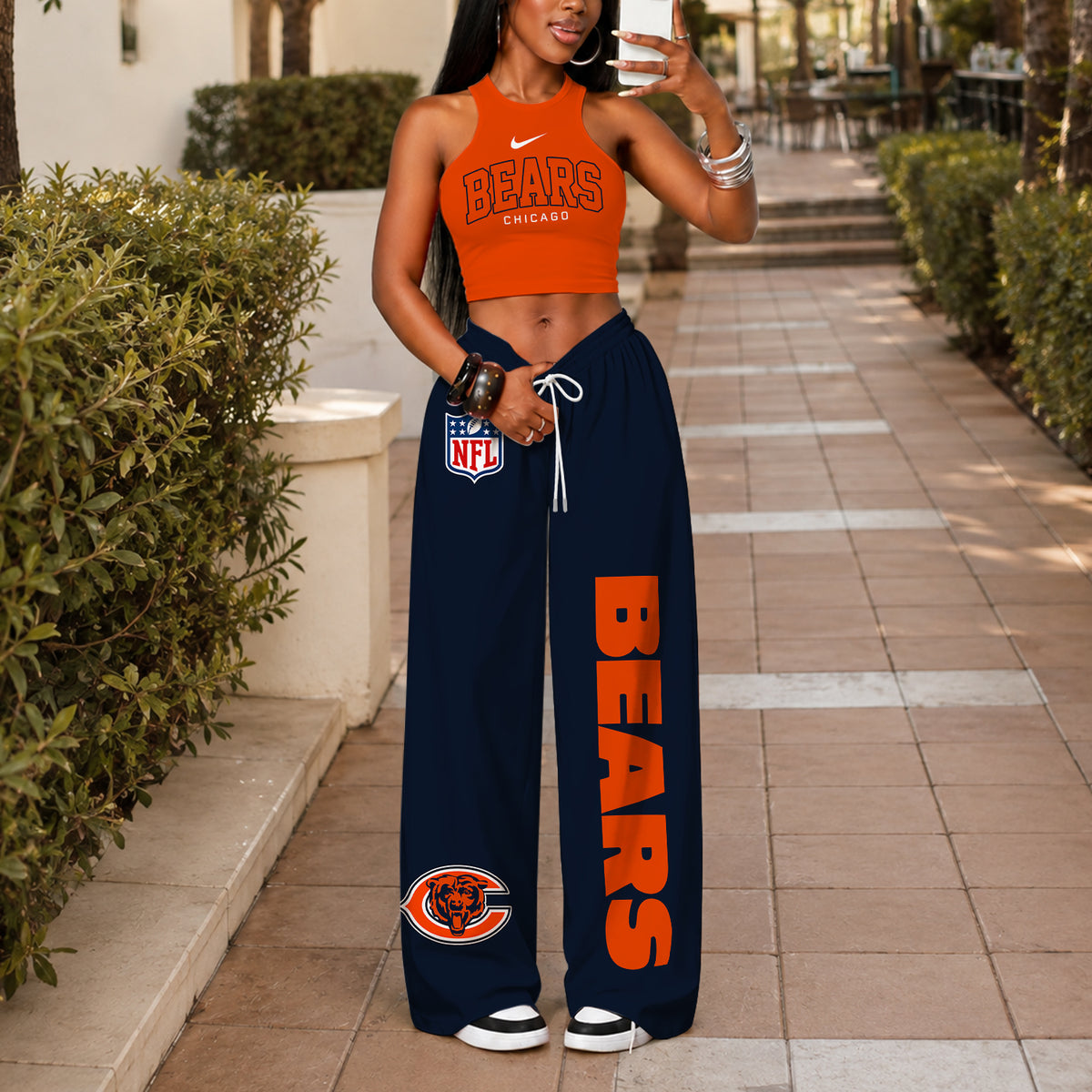 [SPECIAL OFFER] NEW CUSTOMIZED NFL26 CCB CHICAGO BEARS WOMEN'S CROP TOP & LONGPANTS SET