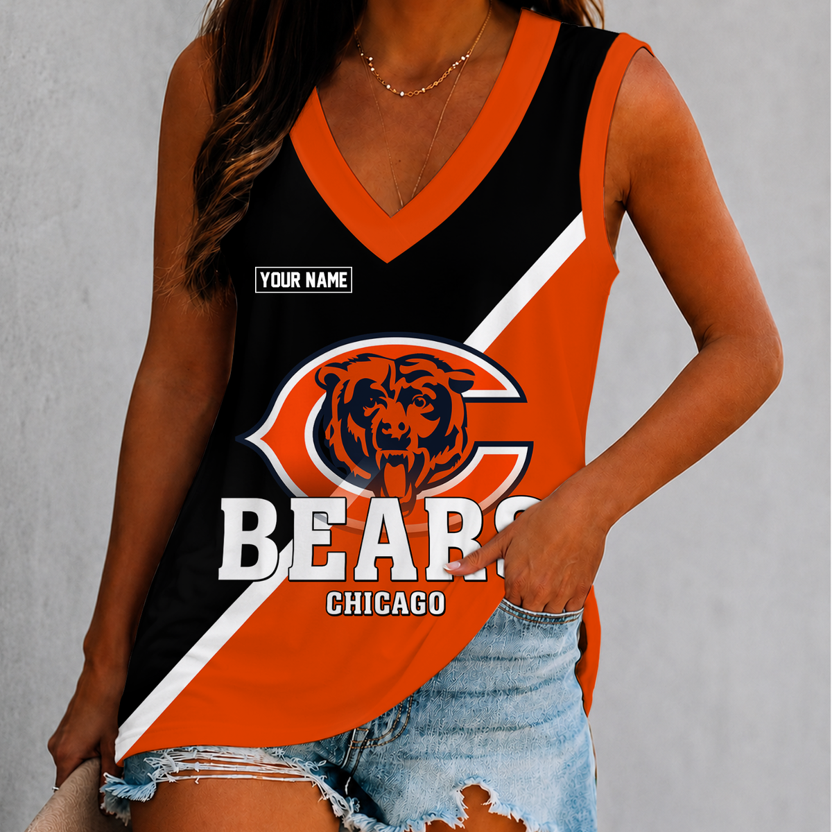 [SPECIAL OFFER] NEW CUSTOMIZED NFL26 CCB CHICAGO BEARS WOMEN'S V-NECK TANK TOP