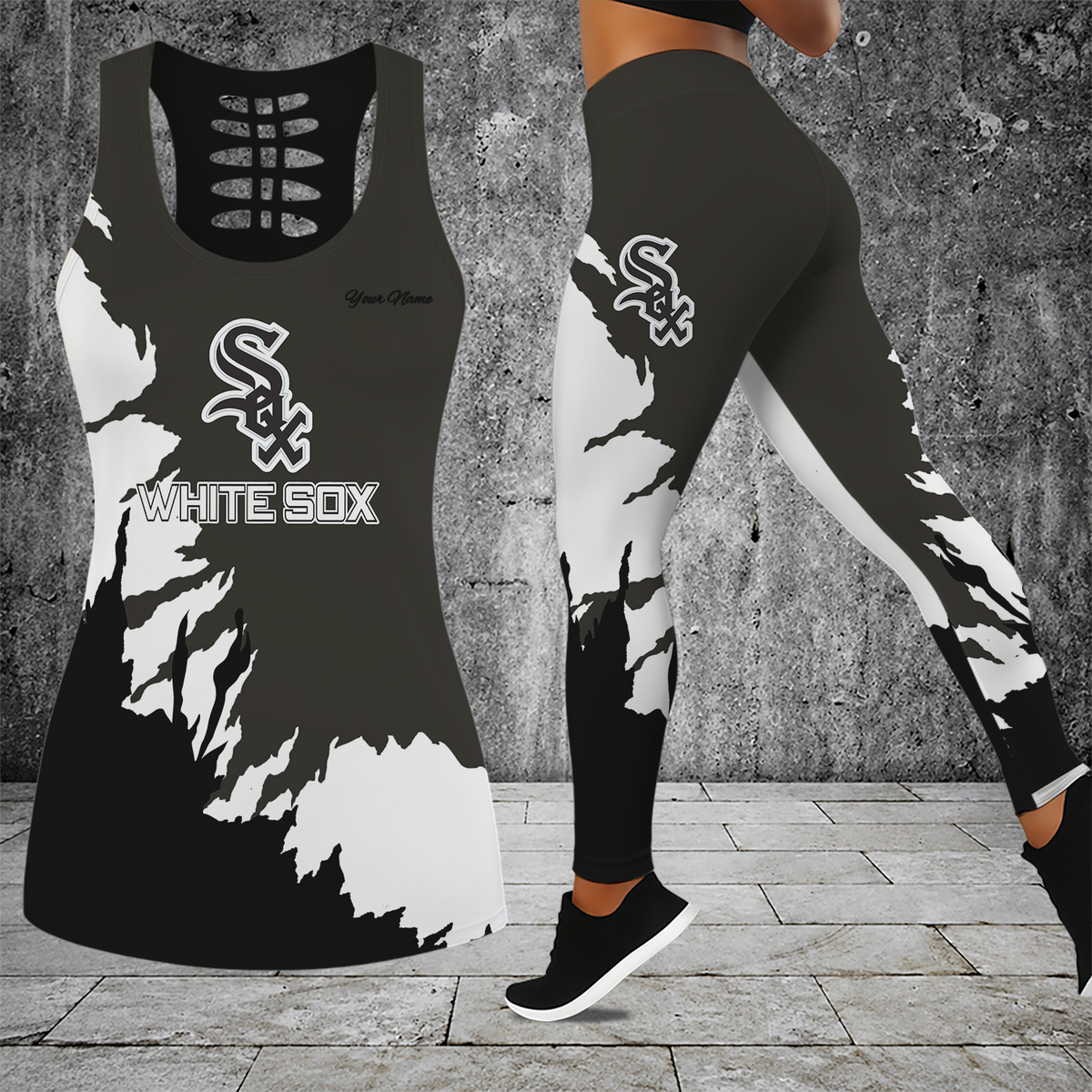 [FLASH SALE] NEW CUSTOMIZED MLB26 CWS CHICAGO KHAKI SOX HOLLOW TANK TOP & LEGGINGS SET