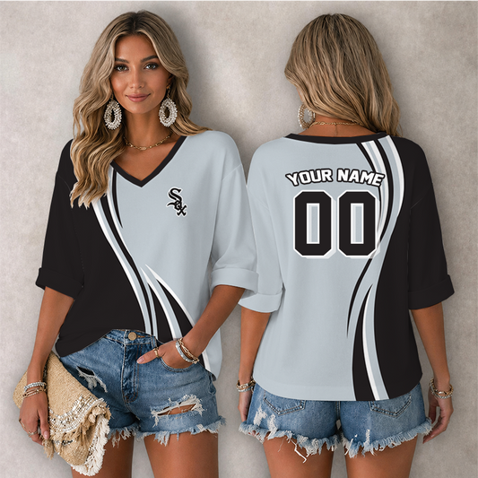 [FLASH SALE] NEW CUSTOMIZED MLB26 CWS CHICAGO WHITE SOX WOMEN'S HEART V-NECK LONG SLEEVE SHIRT