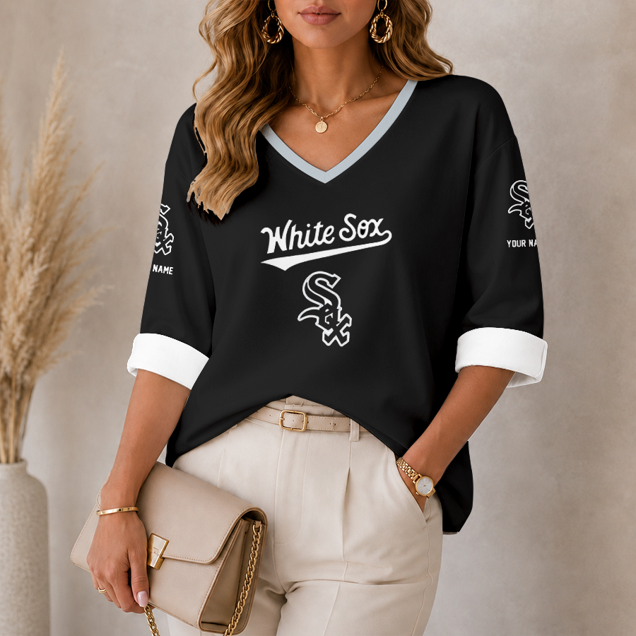 [FLASH SALE] NEW CUSTOMIZED MLB26 CWS CHICAGO WHITE SOX WOMEN'S HEART V-NECK LONG SLEEVE SHIRT