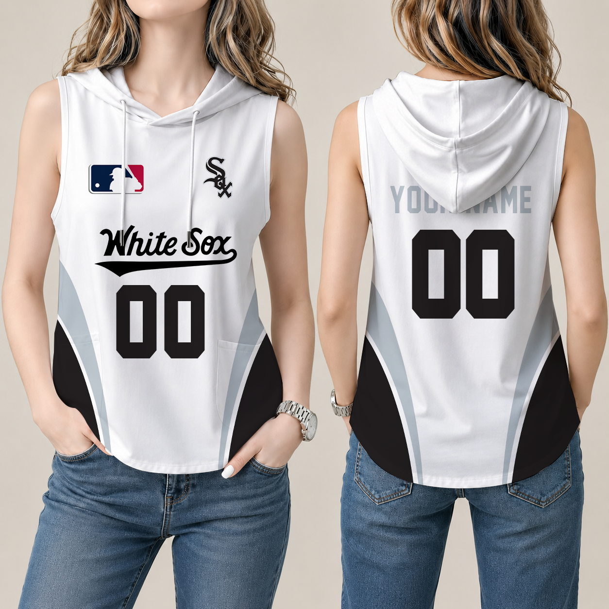 [FLASH SALE] NEW CUSTOMIZED MLB26 CWS CHICAGO KHAKI SOX WOMEN'S SLEEVELESS HOODED POCKET TANK TOP