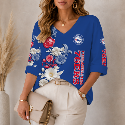 LIMITED EDITION - NEW CUSTOMIZED NBA26 P76 PHILADELPHIA 76ERS WOMEN'S V-NECK LONG SLEEVE SHIRT