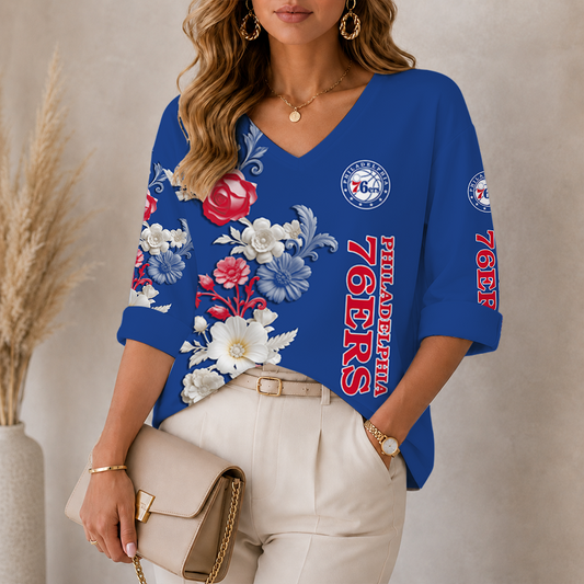 LIMITED EDITION - NEW CUSTOMIZED NBA26 P76 PHILADELPHIA 76ERS WOMEN'S V-NECK LONG SLEEVE SHIRT