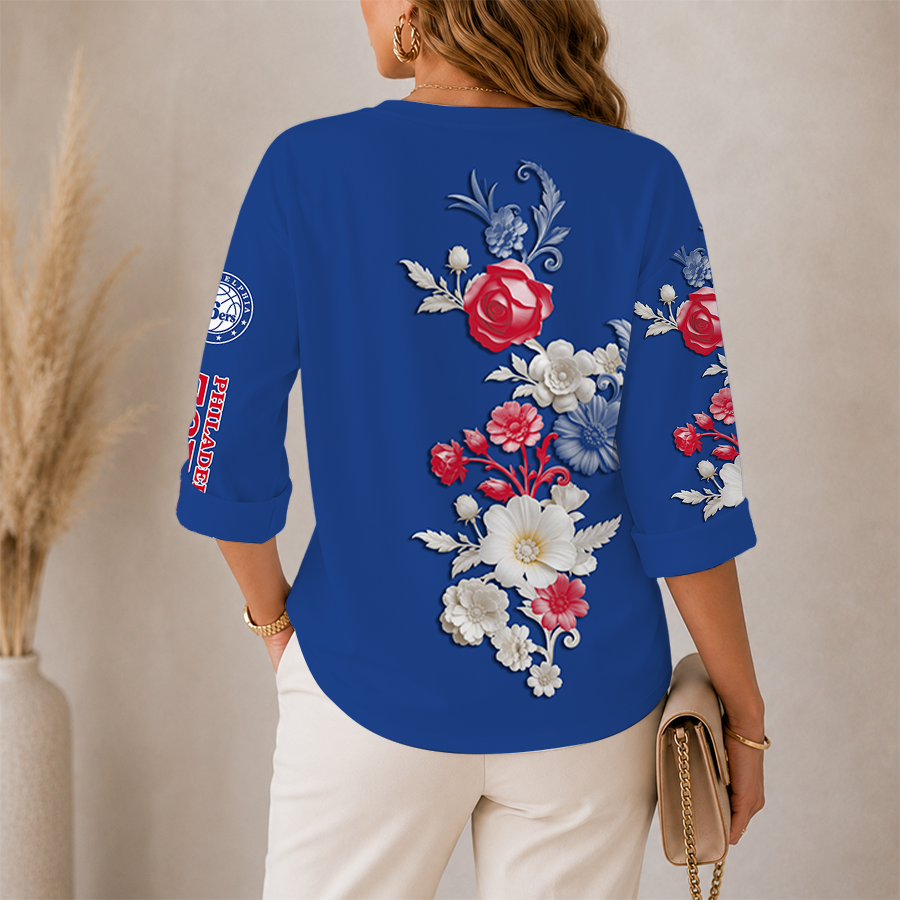 LIMITED EDITION - NEW CUSTOMIZED NBA26 P76 PHILADELPHIA 76ERS WOMEN'S V-NECK LONG SLEEVE SHIRT