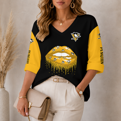 [SUPER SALE] NEW CUSTOMIZED NHL26 PBP PITTSBURGH PENGUINS WOMEN'S HEART V-NECK LONG SLEEVE SHIRT