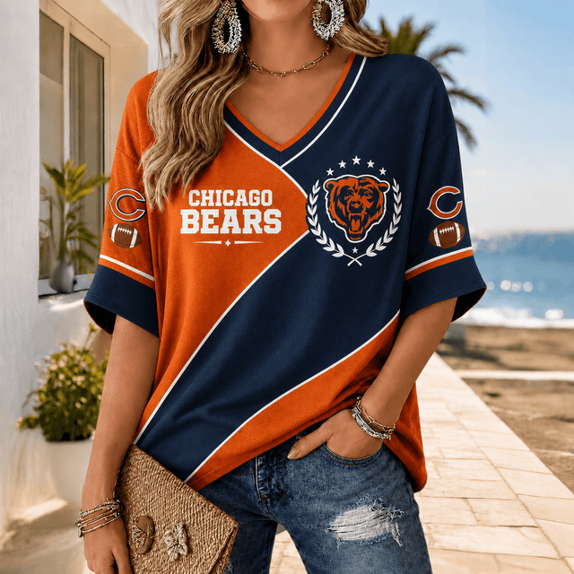 [SPECIAL OFFER] NEW CUSTOMIZED NFL26 CCB CHICAGO BEARS WOMEN'S HEART V-NECK LONG SLEEVE SHIRT