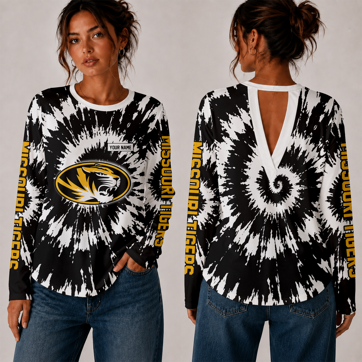 [FAN FAVORITE] NEW CUSTOMIZED NCAA FBS26 MST MISSOURI TIGERS WOMEN'S BACK V-CUT LONG-SLEEVE SHIRT
