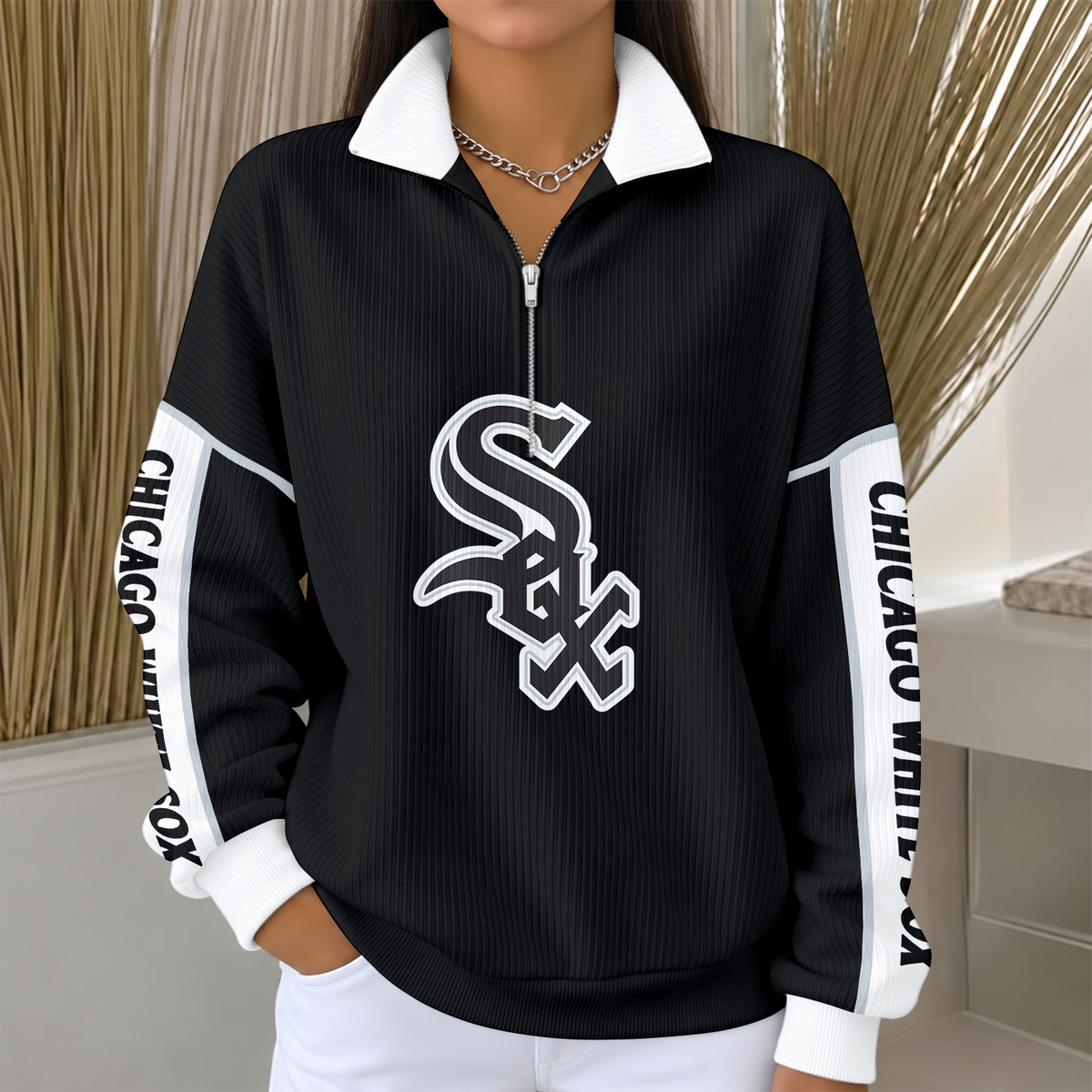 [SPECIAL OFFER] NEW CUSTOMIZED MLB26 CWS CHICAGO WHITE SOX QUARTER ZIP RIBBED SWEATER