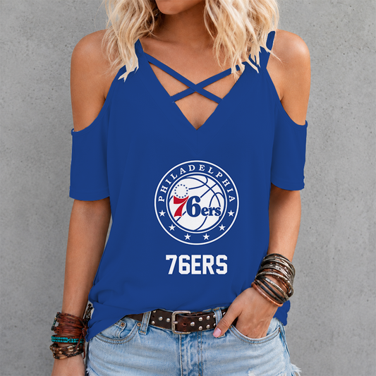 [HOT DEAL] NEW CUSTOMIZED NBA26 P76 PHILADELPHIA 76ERS CRISS CROSS V-NECK TOP