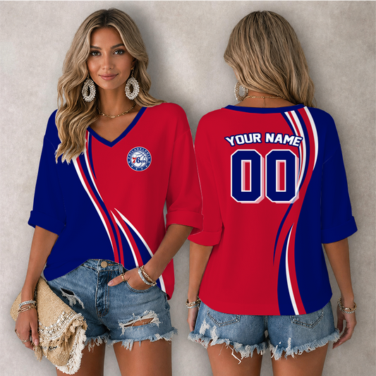 [HOT DEAL] NEW CUSTOMIZED NBA26 P76 PHILADELPHIA 76ERS WOMEN'S HEART V-NECK LONG SLEEVE SHIRT