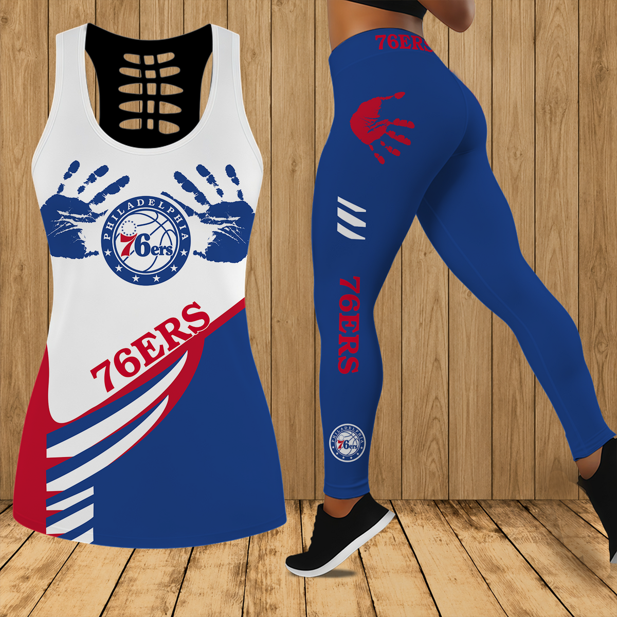 [HOT DEAL] NEW CUSTOMIZED NBA26 P76 PHILADELPHIA 76ERS HOLLOW TANK TOP & LEGGINGS SET