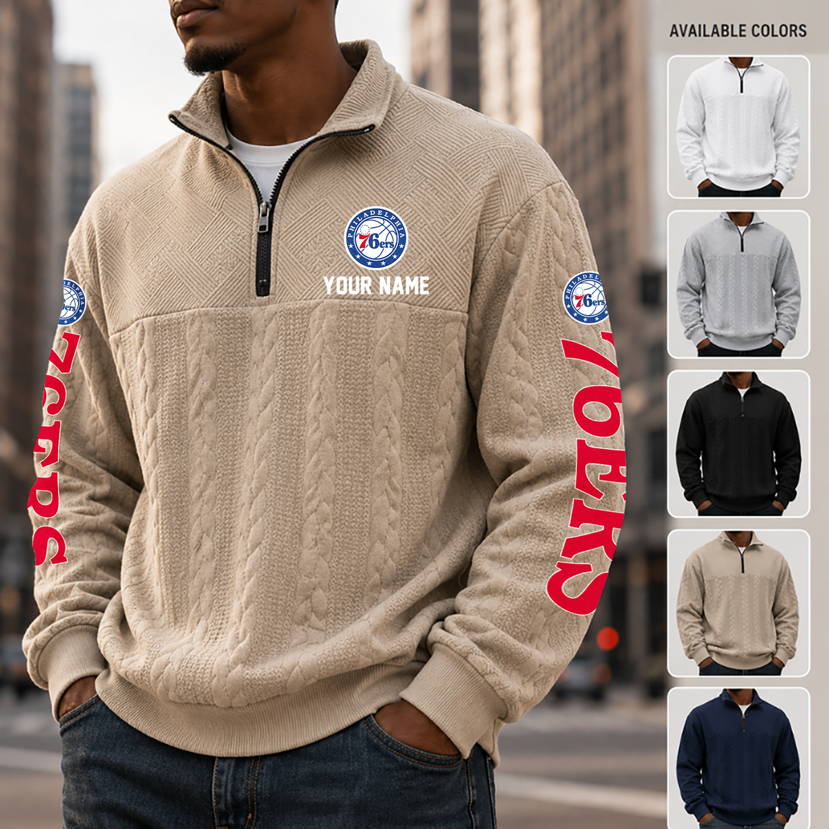 [HOT DEAL] NEW CUSTOMIZED NBA26 P76 PHILADELPHIA 76ERS MULTICOLOR QUARTER-ZIP SWEATSHIRT