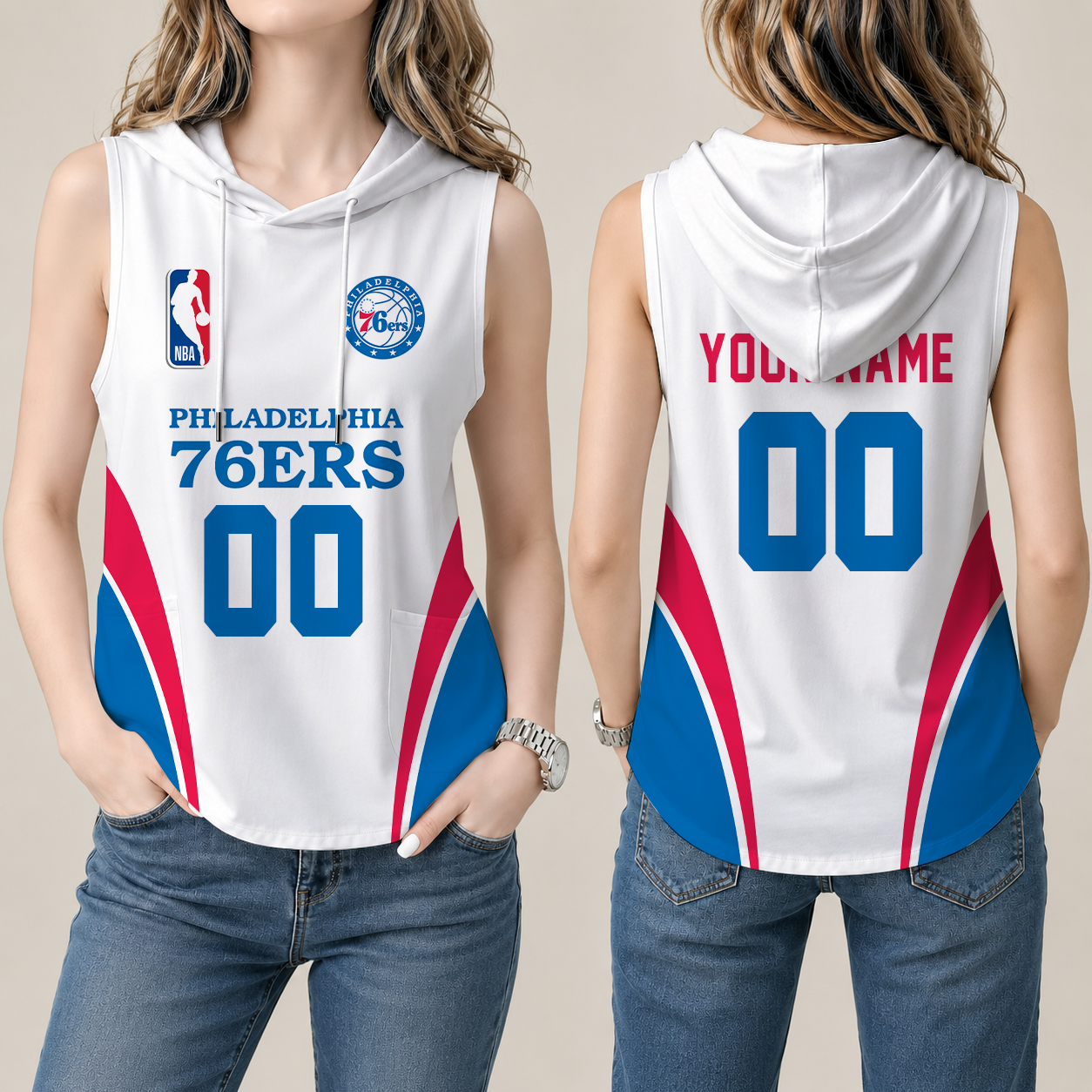 [HOT DEAL] NEW CUSTOMIZED NBA26 P76 PHILADELPHIA 76ERS  WOMEN'S SLEEVELESS HOODED POCKET TANK TOP