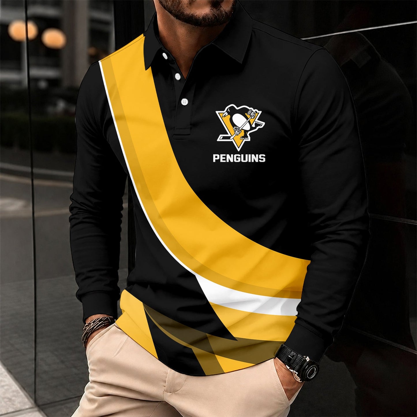[SUPER SALE] NEW CUSTOMIZED NHL26 PBP PITTSBURGH PENGUINS MEN LONG SLEEVE POLO