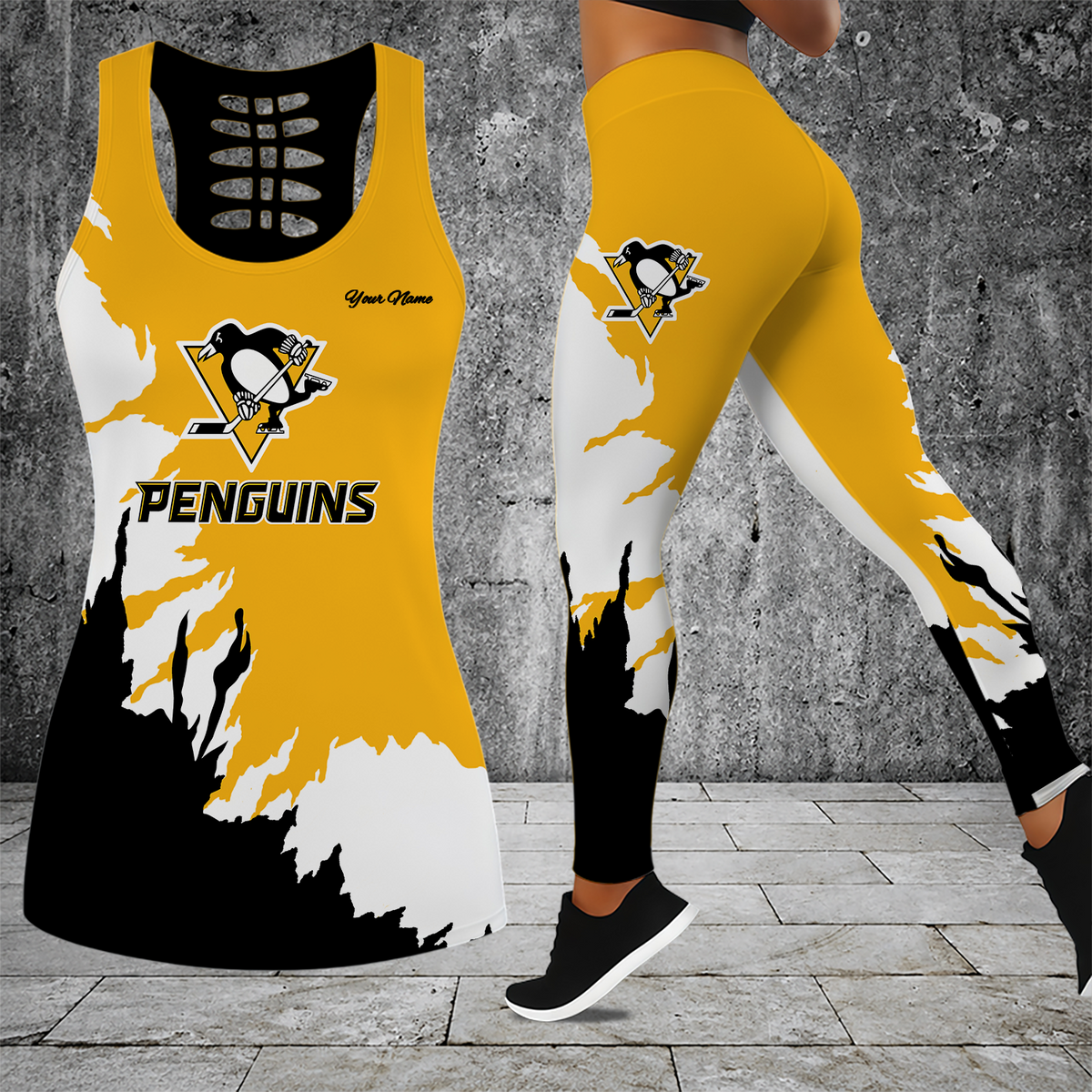 [SUPER SALE] NEW CUSTOMIZED NHL26 PBP PITTSBURGH PENGUINS HOLLOW TANK TOP & LEGGINGS SET