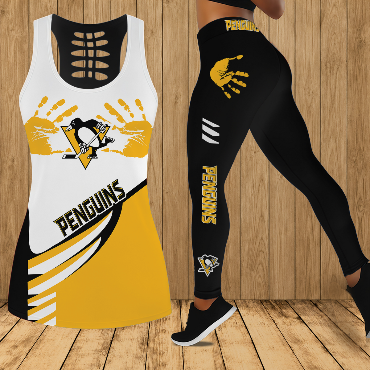 [SUPER SALE] NEW CUSTOMIZED NHL26 PBP PITTSBURGH PENGUINS HOLLOW TANK TOP & LEGGINGS SET