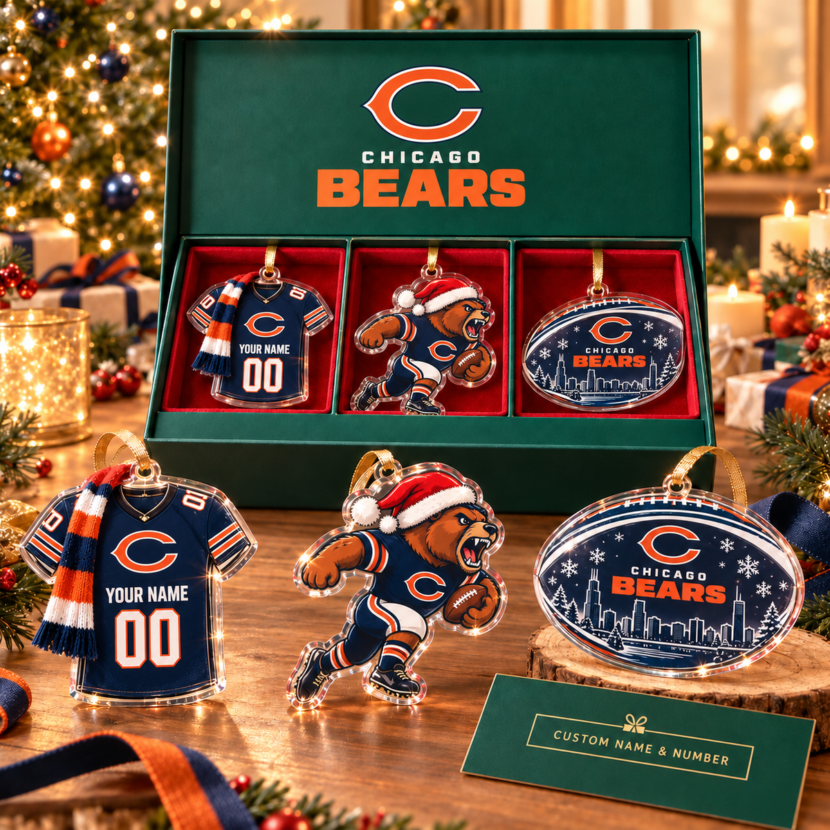 [FULL SET 3 ITEMS - NO BOX] NEW CUSTOMIZED NFL26 CCB CHICAGO BEARS CHRISTMAS ACRYLIC ORNAMENT