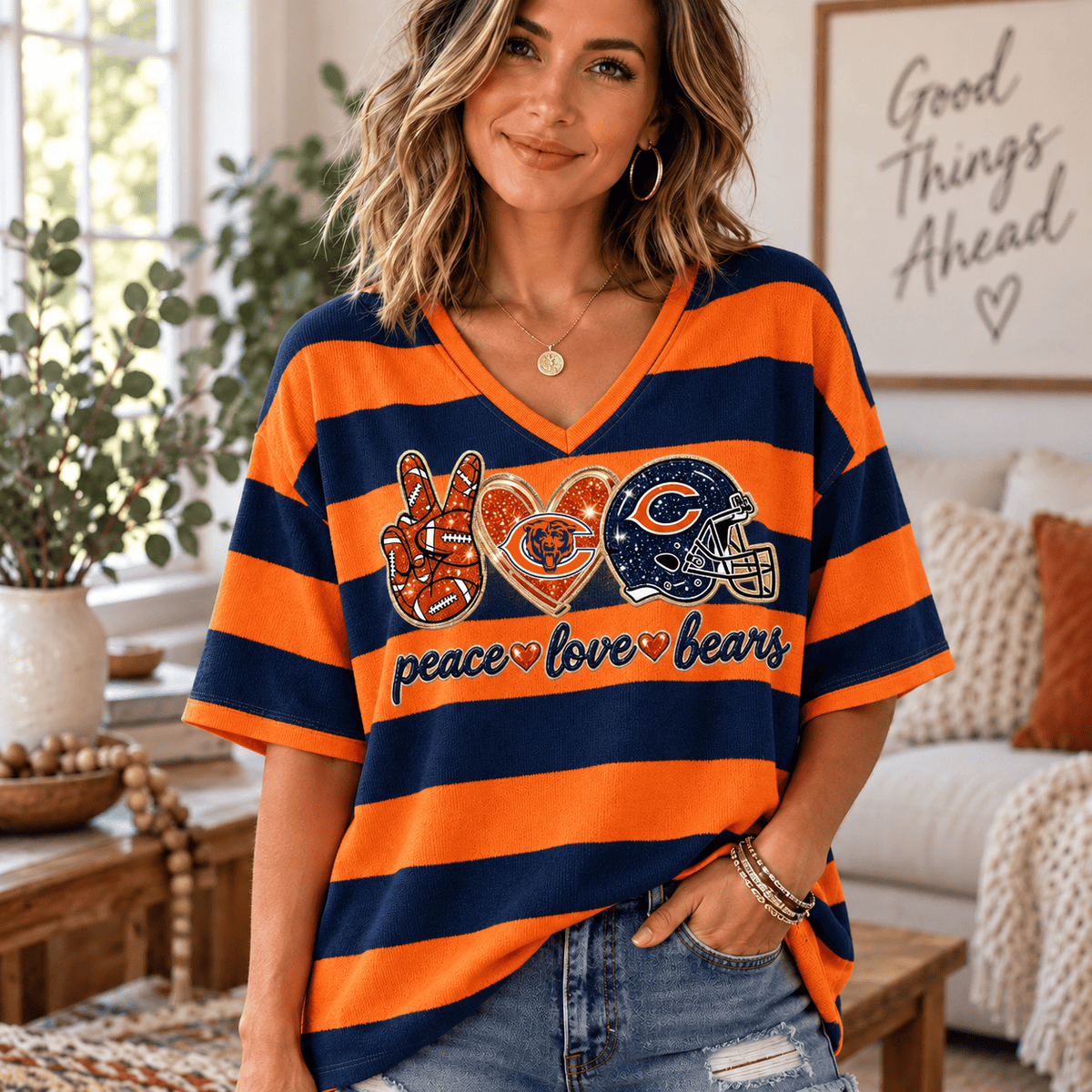 [SPECIAL OFFER] NEW CUSTOMIZED NFL26 CCB CHICAGO BEARS WOMEN'S HEART V-NECK LONG SLEEVE SHIRT