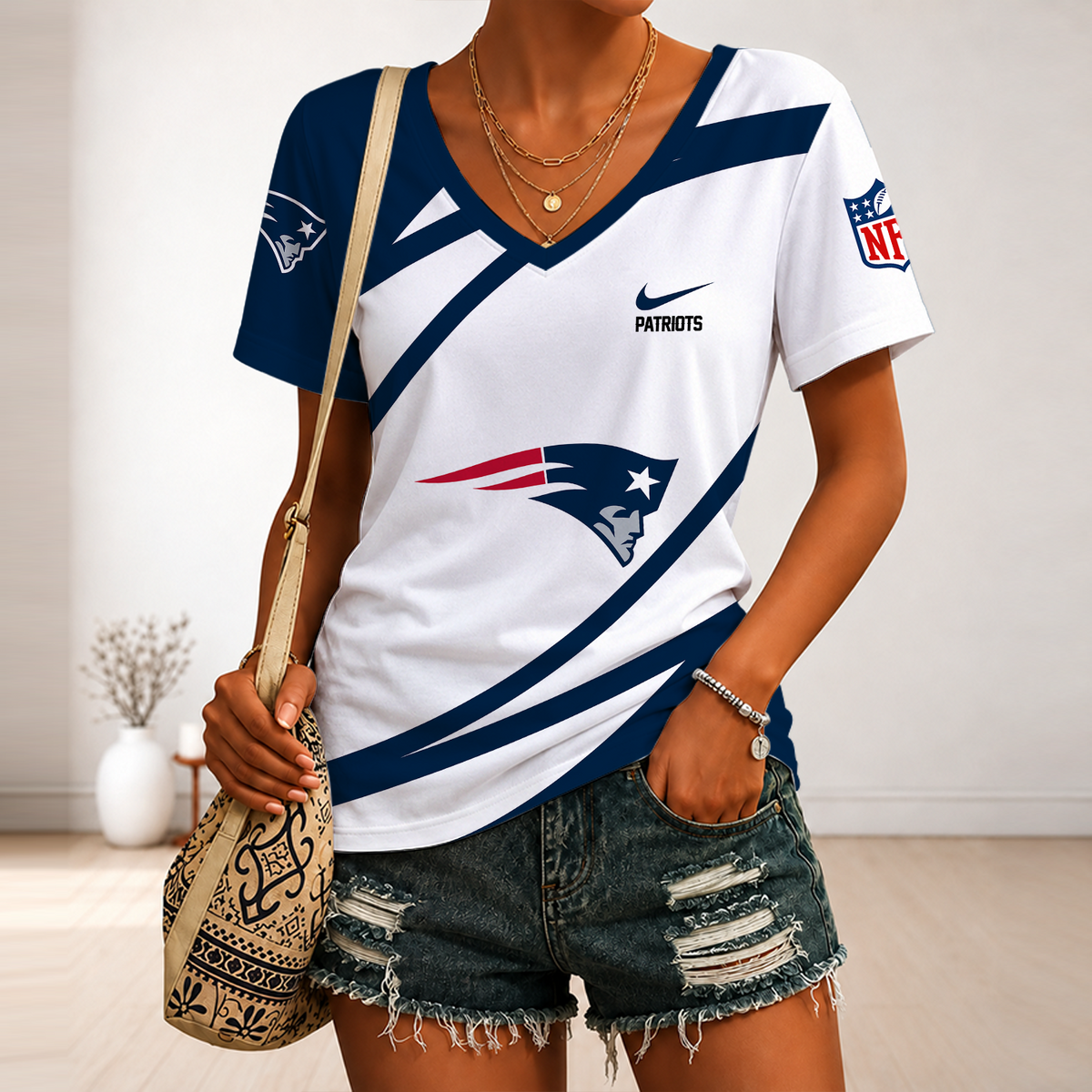 [SPECIAL OFFER] NEW CUSTOMIZED NFL27 NEP NEW ENGLAND PATRIOTS V-NECK FEMALE SHIRT