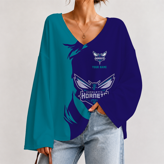 [HOT DEAL] NEW CUSTOMIZED NBA27 CHO CHARLOTTE HORNETS V-NECK LONG SLEEVED CROP TOP