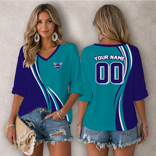 [HOT DEAL] NEW CUSTOMIZED NBA27 CHO CHARLOTTE HORNETS WOMEN'S HEART V-NECK LONG SLEEVE SHIRT