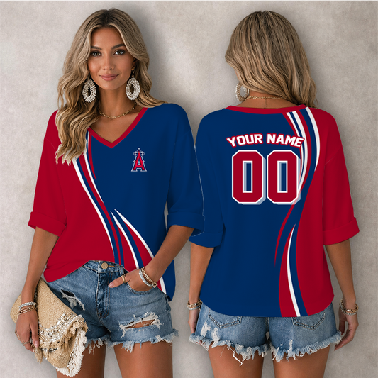 [FLASH SALE] NEW CUSTOMIZED MLB27 LAA LOS ANGELES ANGELS WOMEN'S HEART V-NECK LONG SLEEVE SHIRT