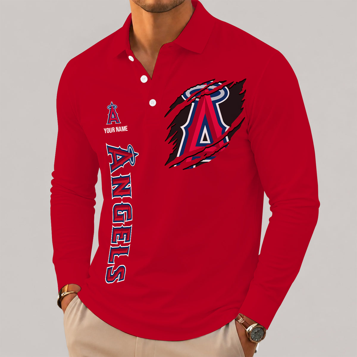 [FLASH SALE] NEW CUSTOMIZED MLB27 LAA LOS ANGELES ANGELS MEN'S LONG SLEEVE POLO