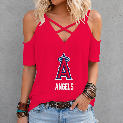 [FLASH SALE] NEW CUSTOMIZED MLB27 LAA LOS ANGELES ANGELS CRISS CROSS V-NECK TOP