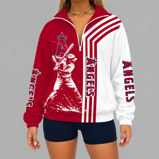 [FLASH SALE] NEW CUSTOMIZED MLB27 LAA LOS ANGELES ANGELS V-NECK ZIPPER SWEATSHIRT JACKET