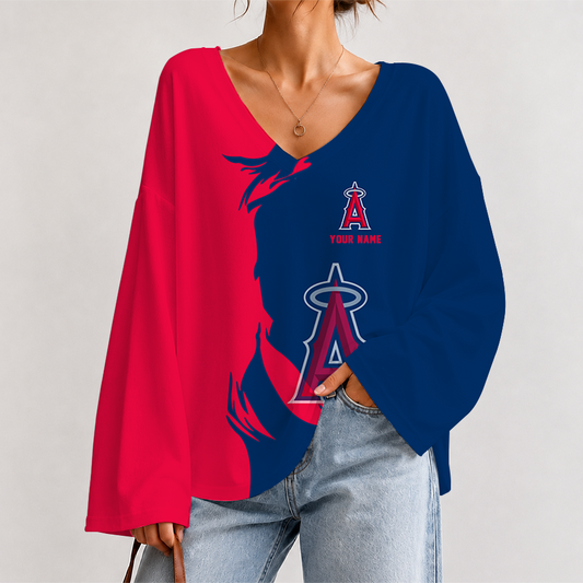 [FLASH SALE] NEW CUSTOMIZED MLB27 LAA LOS ANGELES ANGELS V-NECK LONG SLEEVED CROP TOP