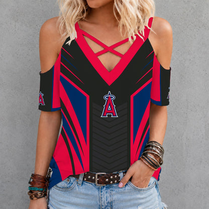 [FLASH SALE] NEW CUSTOMIZED MLB27 LAA LOS ANGELES ANGELS CRISS CROSS V-NECK TOP