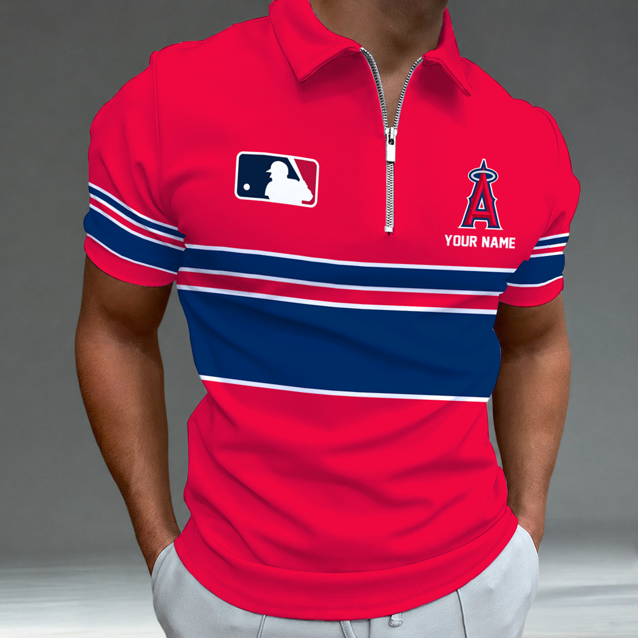 LIMITED EDITION - NEW CUSTOMIZED MLB27 LAA LOS ANGELES ANGELS ZIP POLO SHIRT