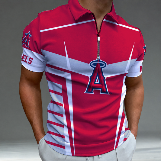 [FLASH SALE] NEW CUSTOMIZED MLB27 LAA LOS ANGELES ANGELS ZIP POLO SHIRT